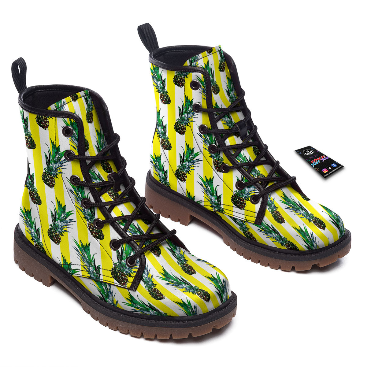 Pineapple Striped Yellow Print Pattern Work Boots-grizzshop