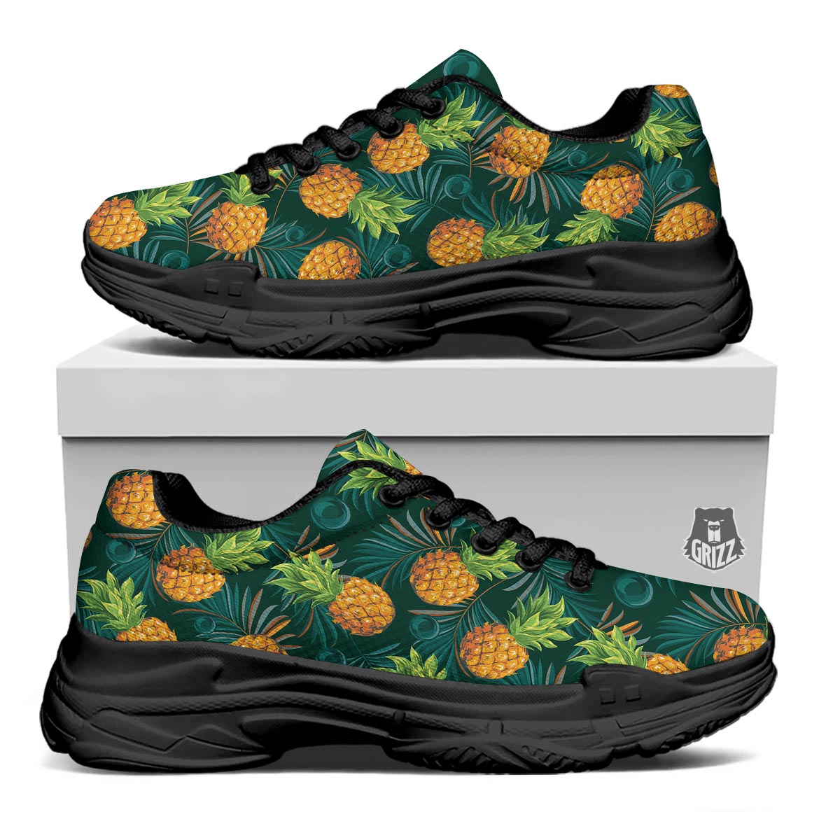 Pineapple Summer Print Pattern Black Chunky Shoes-grizzshop