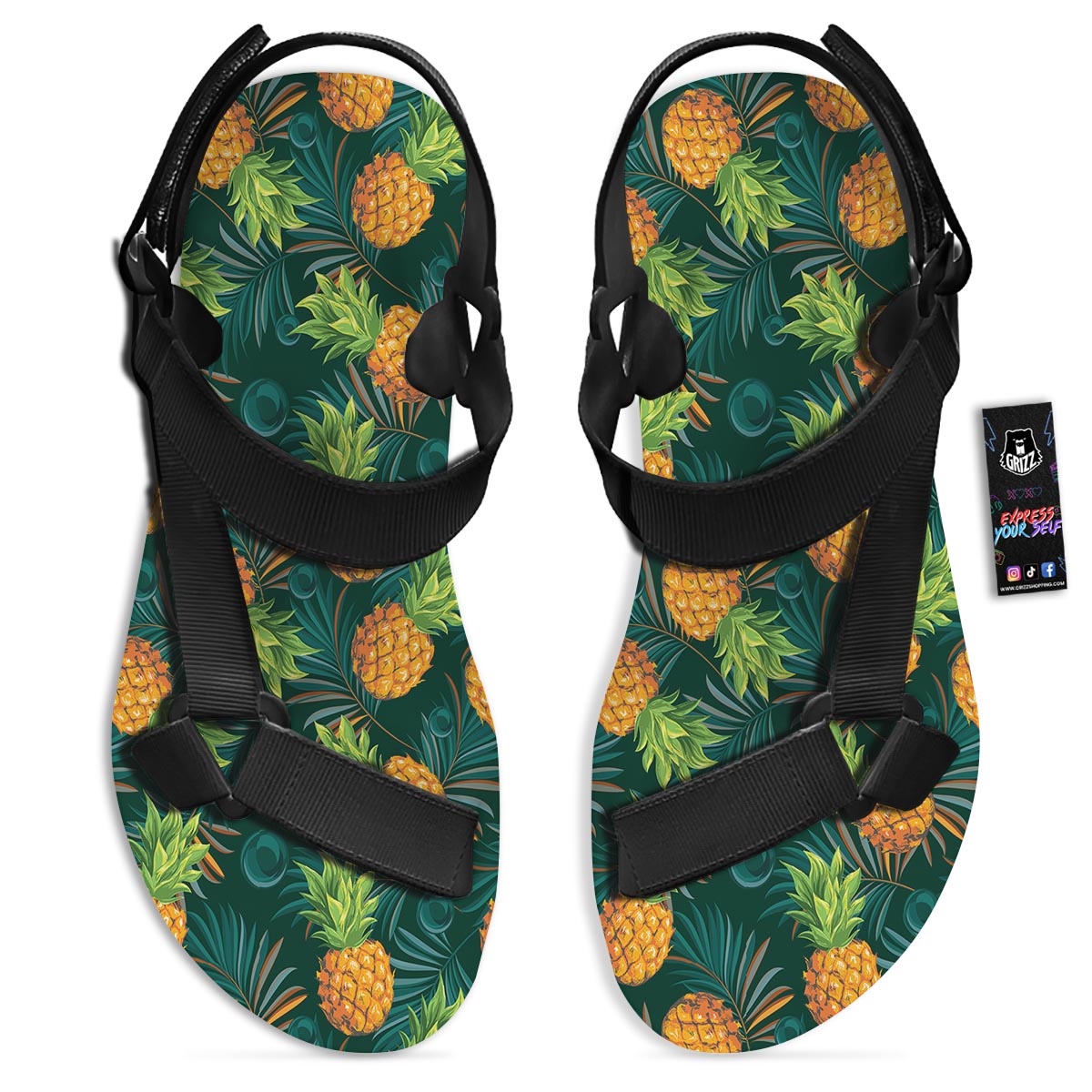 Pineapple Summer Print Pattern Black Open Toe Sandals-grizzshop