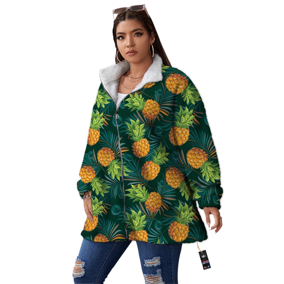 Pineapple Summer Print Pattern Women's Sherpa Jacket-grizzshop