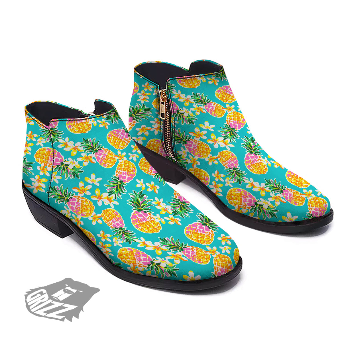 Pineapple Tropical Teal Print Pattern Ankle Boots-grizzshop