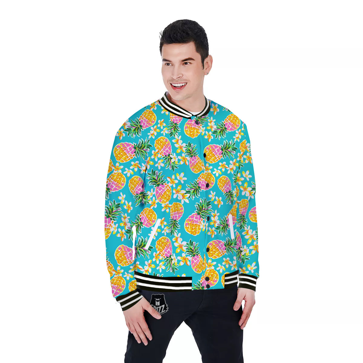 Pineapple Tropical Teal Print Pattern Baseball Jacket-grizzshop