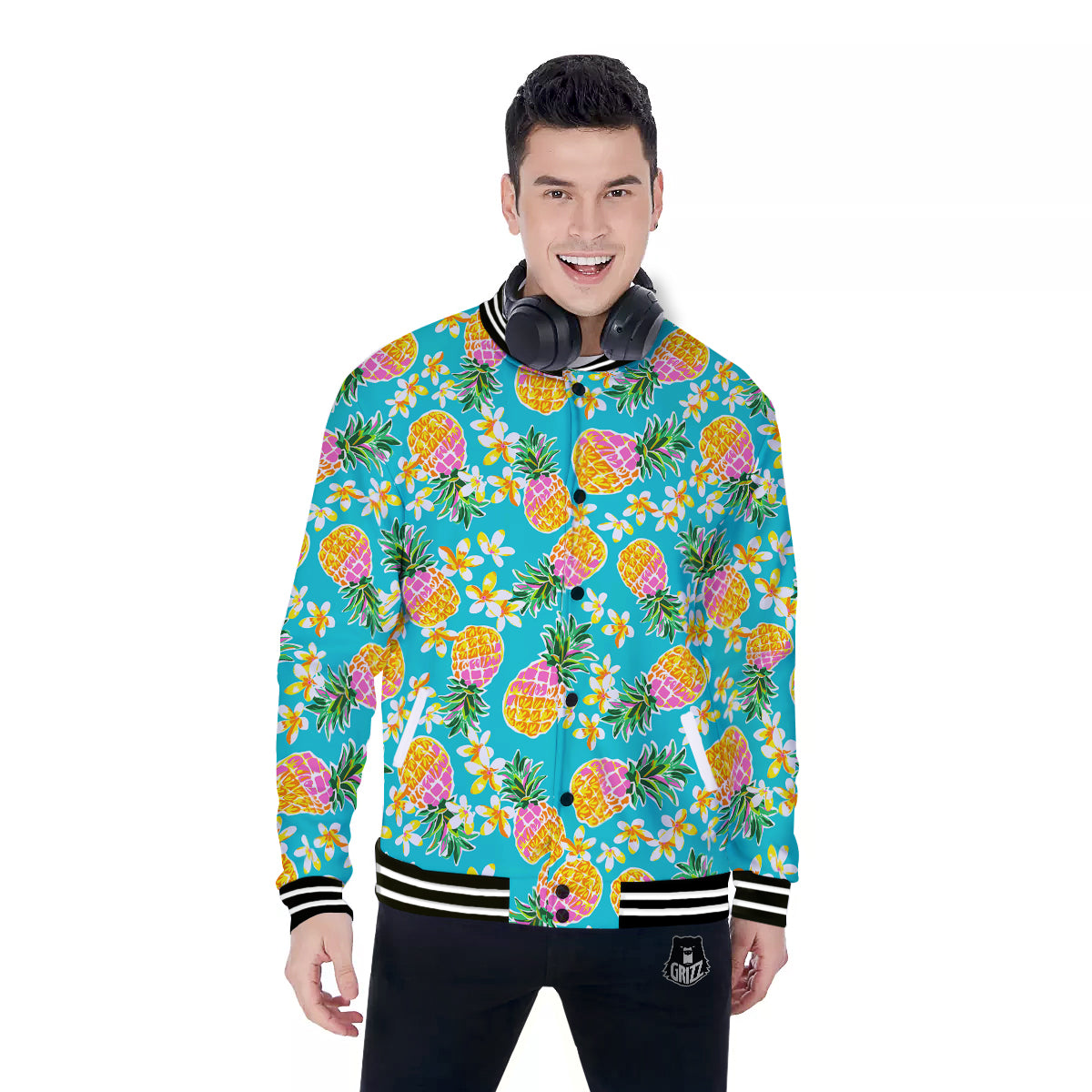 Pineapple Tropical Teal Print Pattern Baseball Jacket-grizzshop