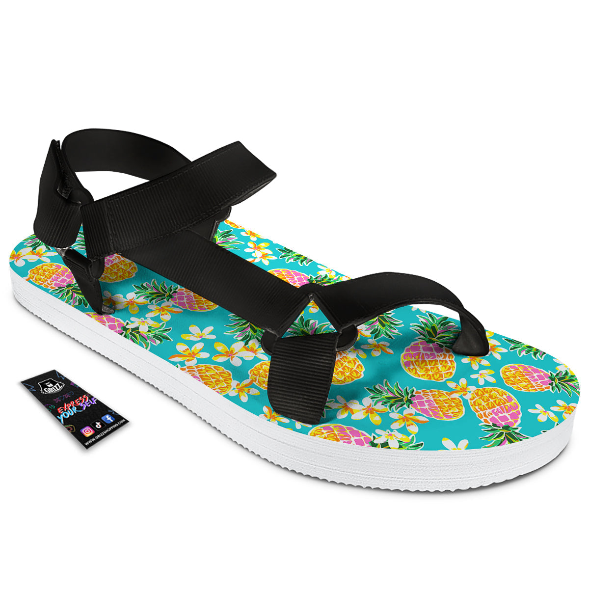 Pineapple Tropical Teal Print Pattern Black Open Toe Sandals-grizzshop