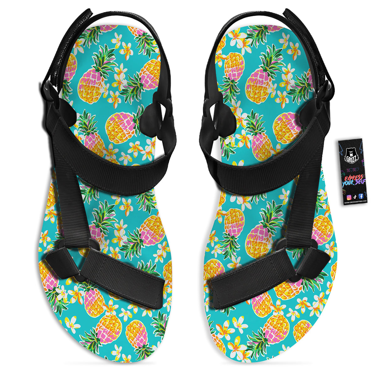 Pineapple Tropical Teal Print Pattern Black Open Toe Sandals-grizzshop