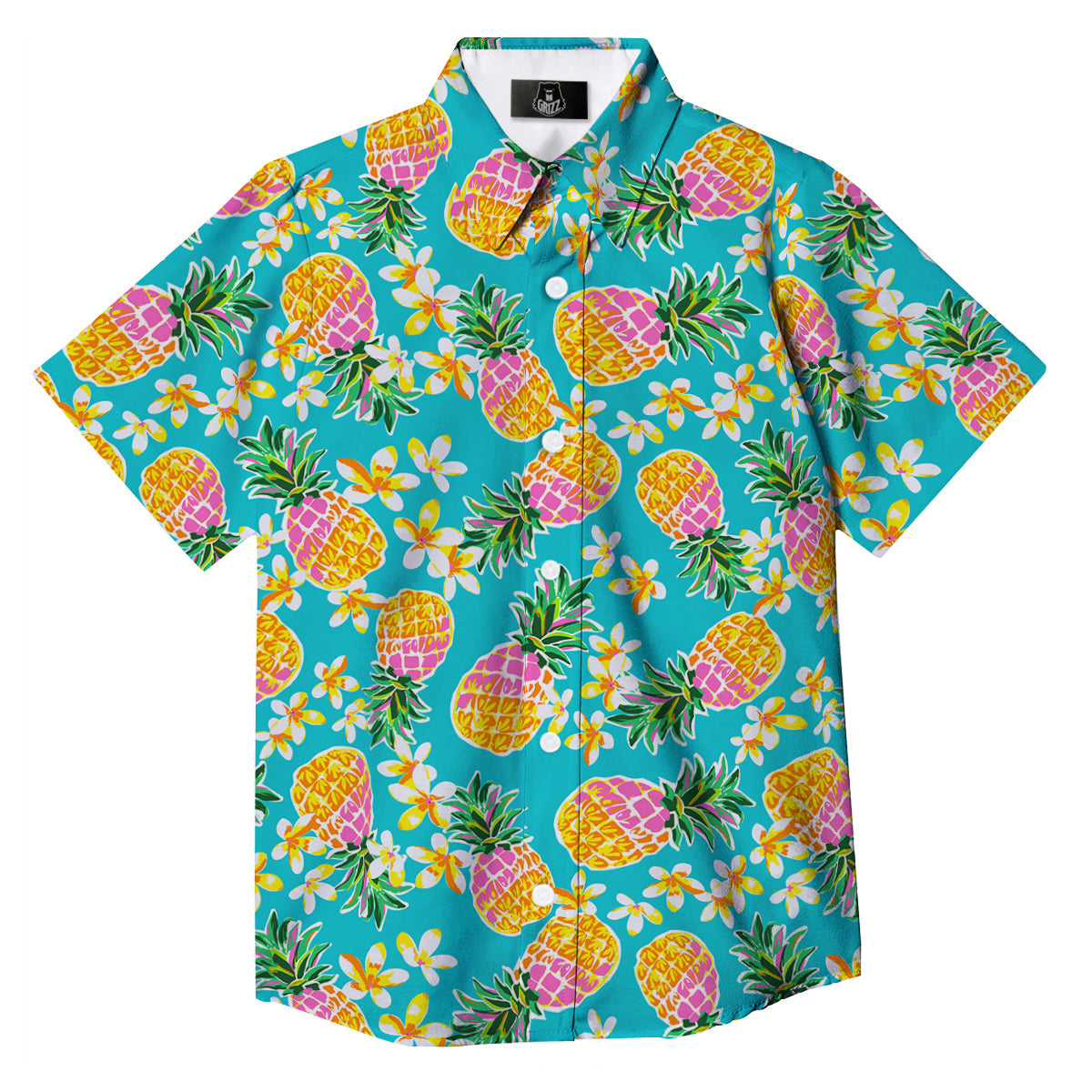 Pineapple Tropical Teal Print Pattern Button Up Shirt-grizzshop