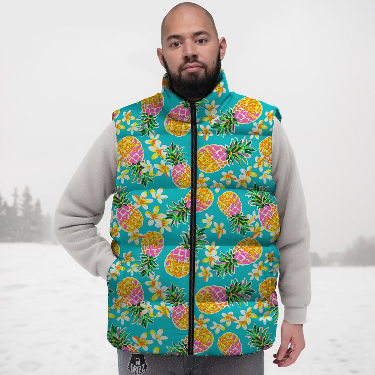 Pineapple Tropical Teal Print Pattern Down Vest-grizzshop