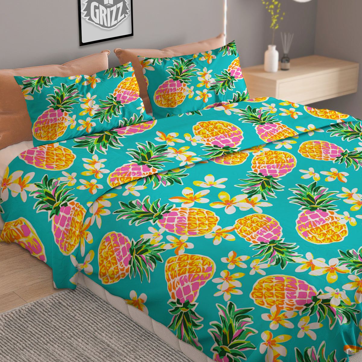 Pineapple Tropical Teal Print Pattern Duvet Cover Bedding Set-grizzshop