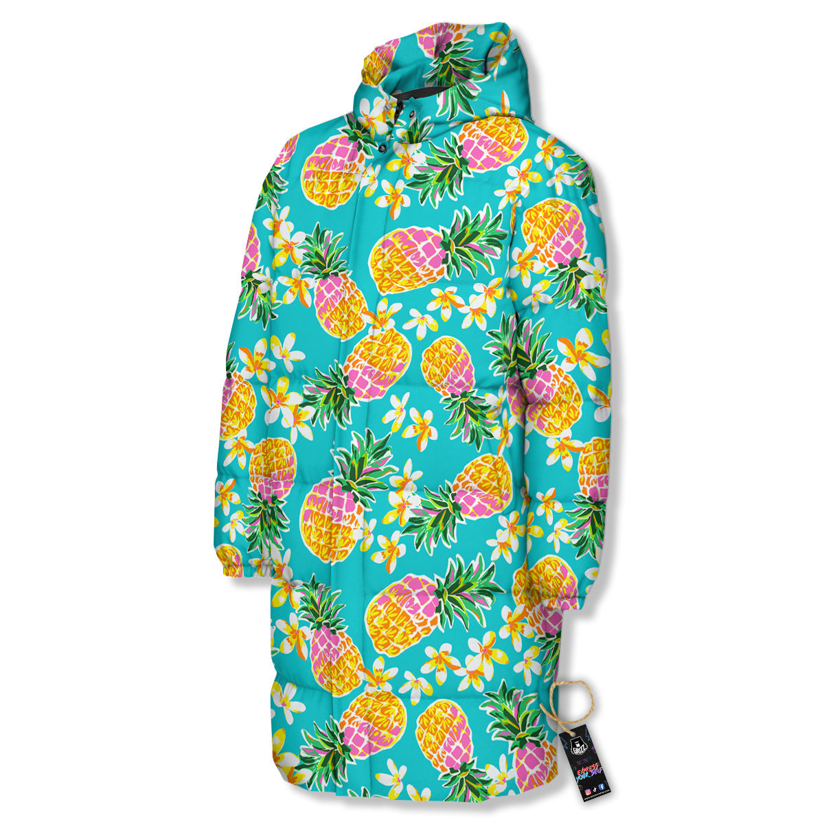 Pineapple Tropical Teal Print Pattern Long Down Jacket-grizzshop