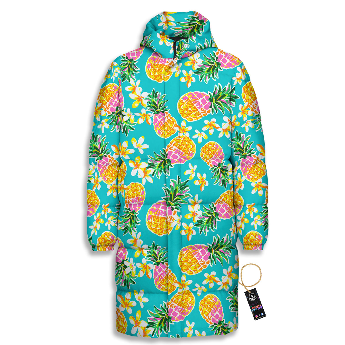 Pineapple Tropical Teal Print Pattern Long Down Jacket-grizzshop