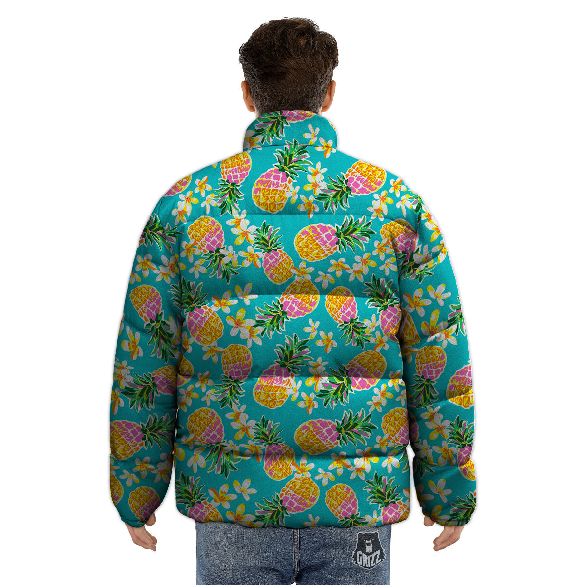 Pineapple Tropical Teal Print Pattern Puffer Jacket-grizzshop