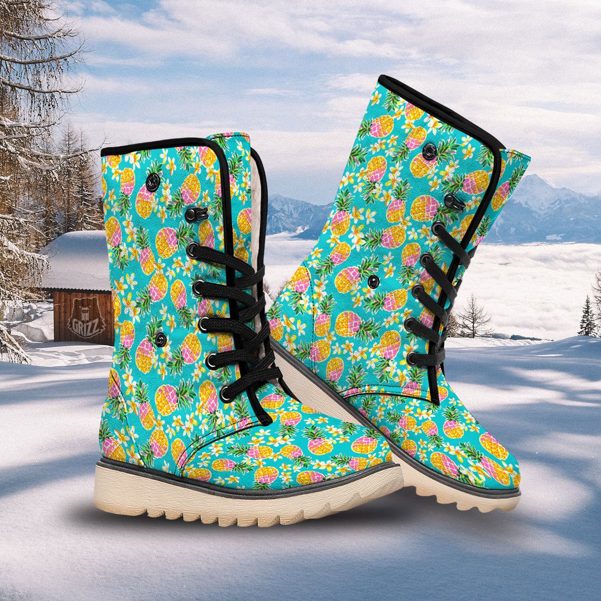 Pineapple Tropical Teal Print Pattern Snow Boots-grizzshop