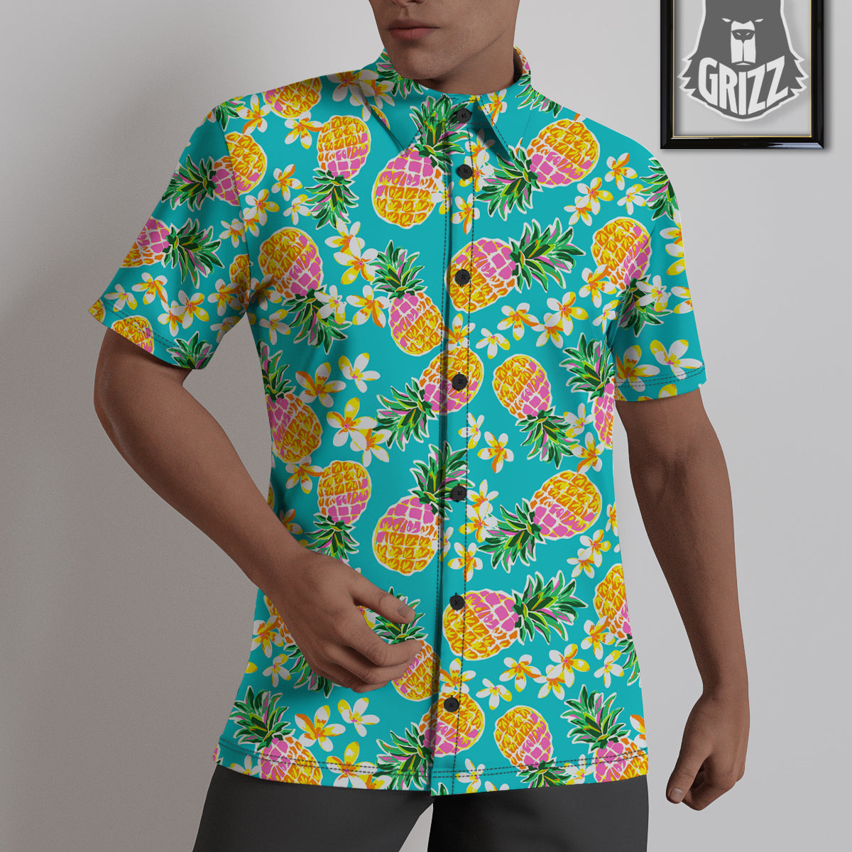 Pineapple Tropical Teal Print Pattern Untucked Shirts-grizzshop