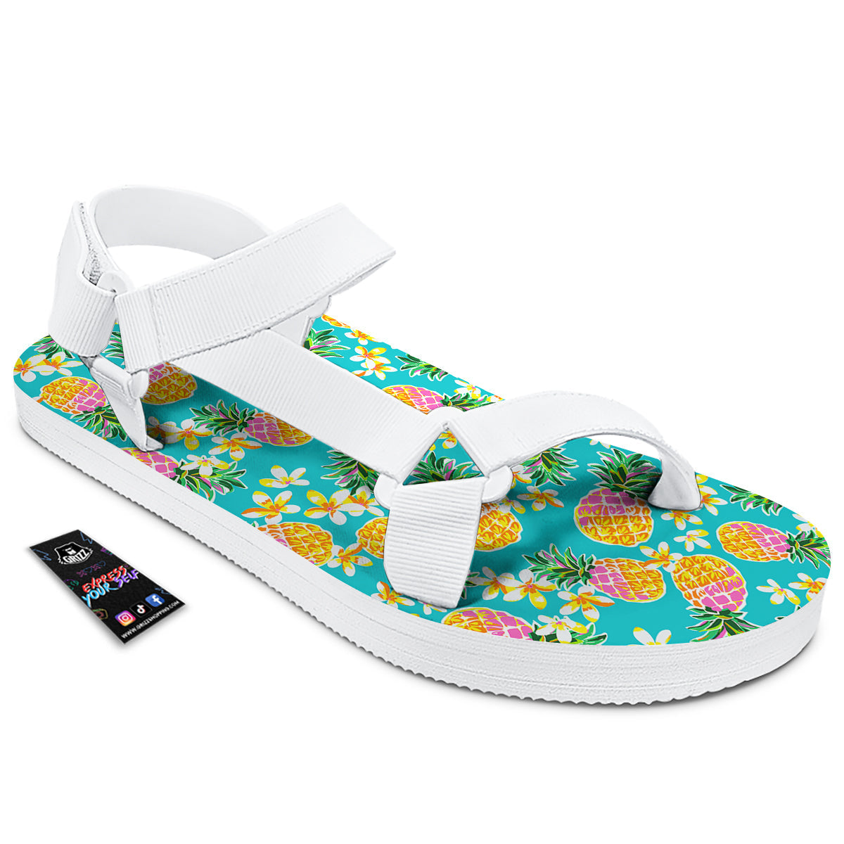 Pineapple Tropical Teal Print Pattern White Open Toe Sandals-grizzshop