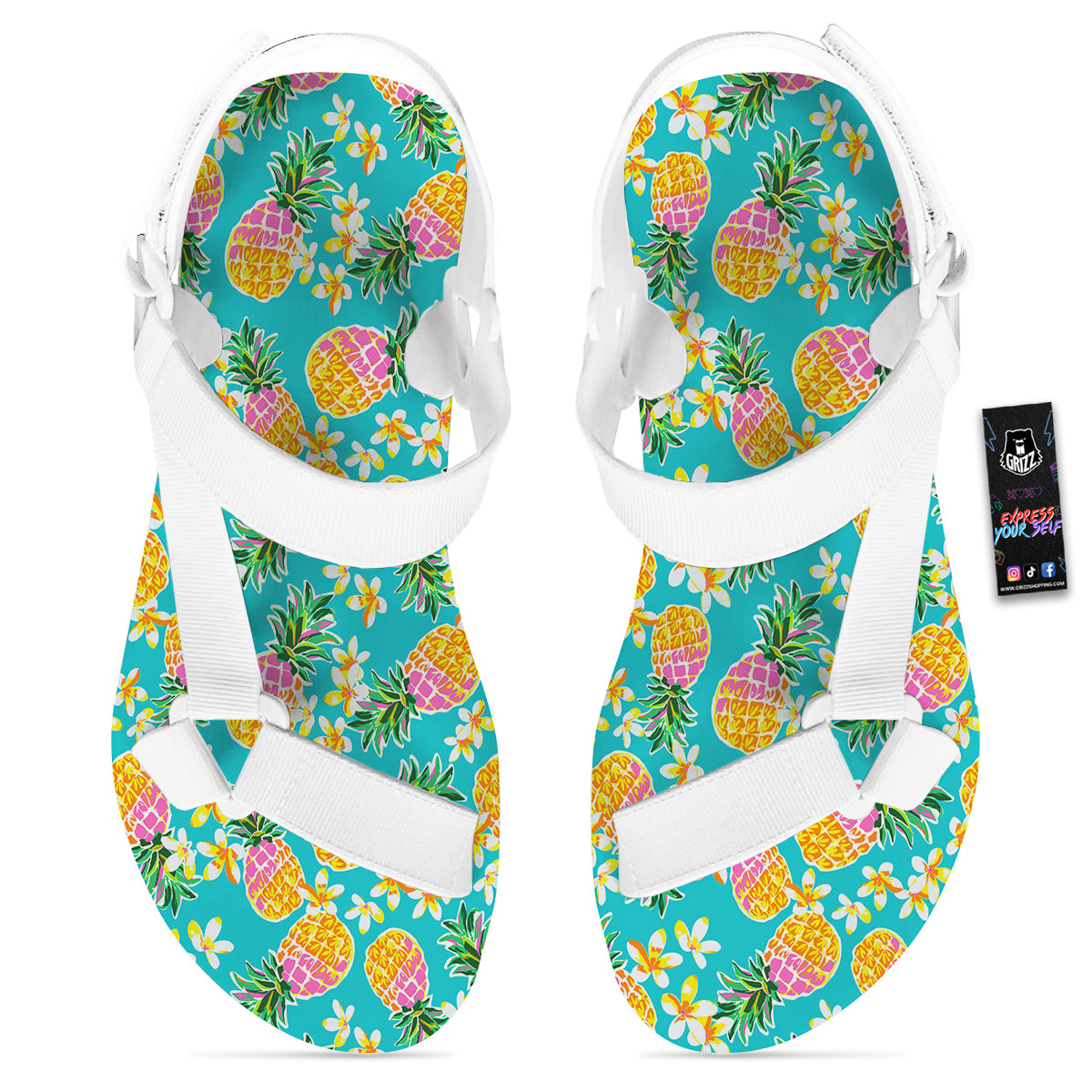 Pineapple Tropical Teal Print Pattern White Open Toe Sandals-grizzshop