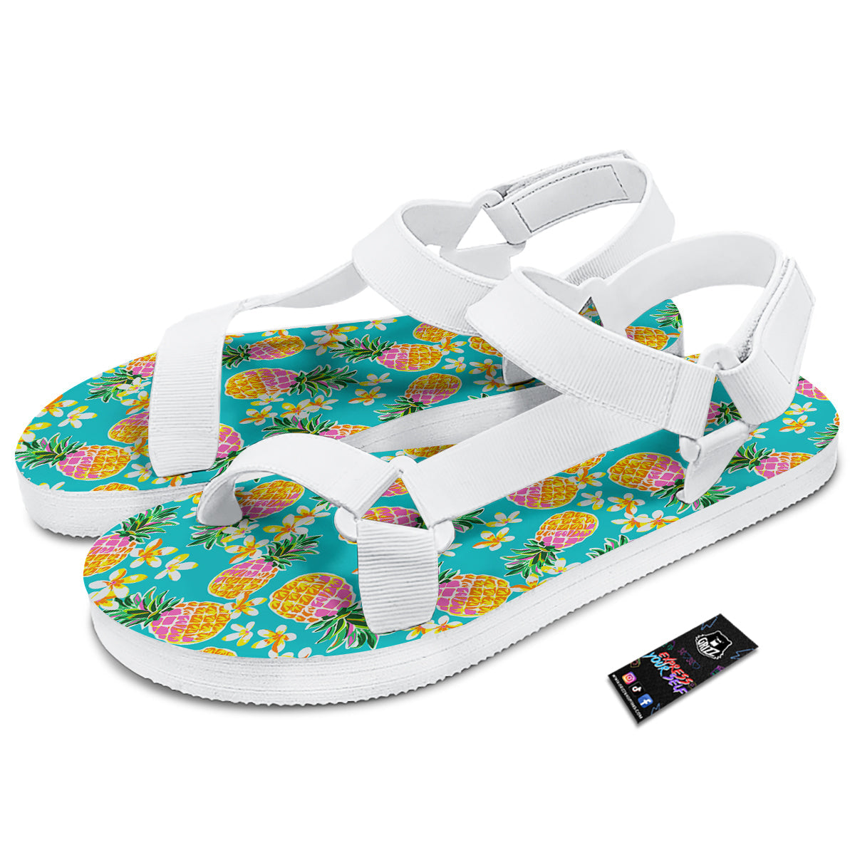 Pineapple Tropical Teal Print Pattern White Open Toe Sandals-grizzshop
