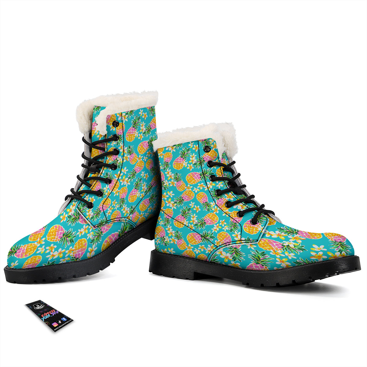 Pineapple Tropical Teal Print Pattern Winter Boots-grizzshop