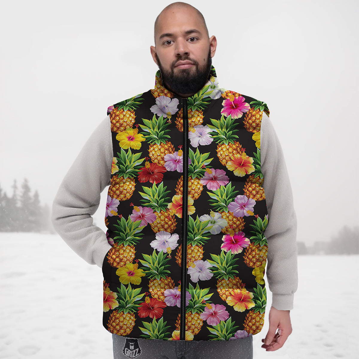 Pineapple Tropical Vintage Print Pattern Down Vest-grizzshop