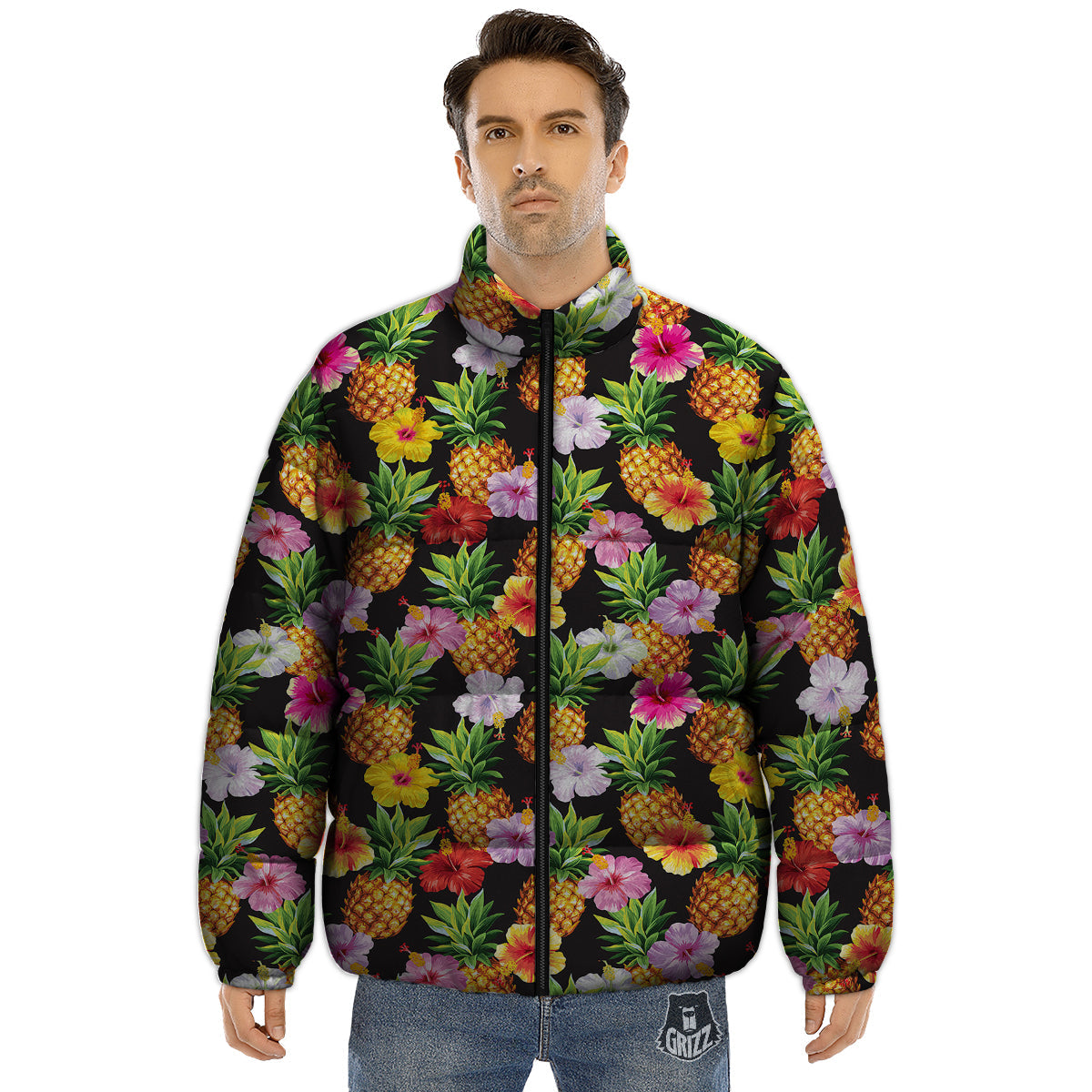 Pineapple Tropical Vintage Print Pattern Puffer Jacket-grizzshop
