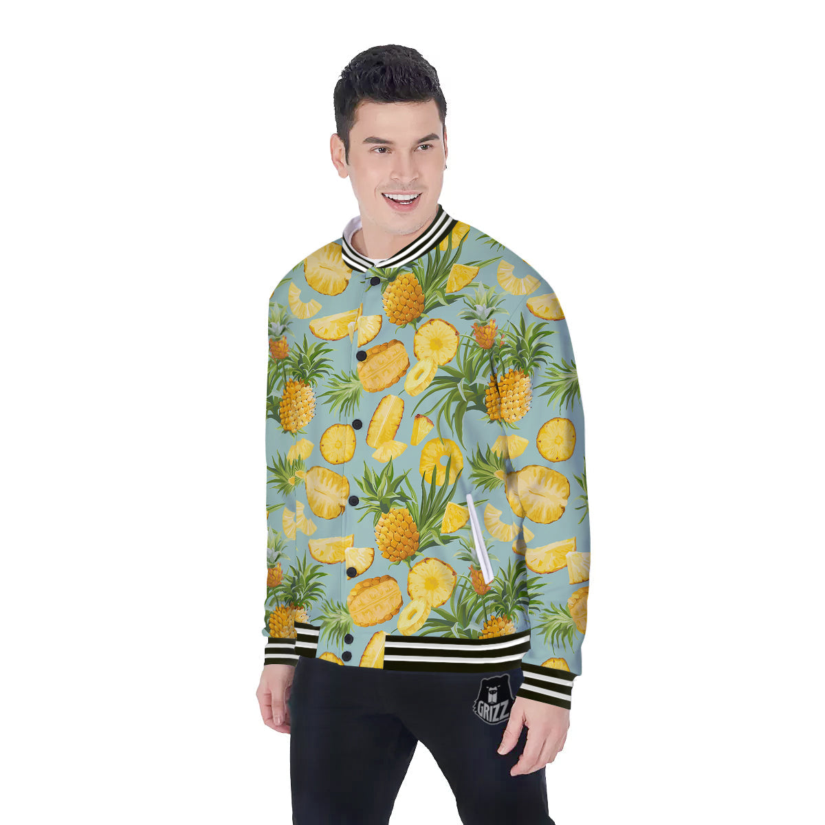 Pineapple Watercolor Print Pattern Baseball Jacket-grizzshop