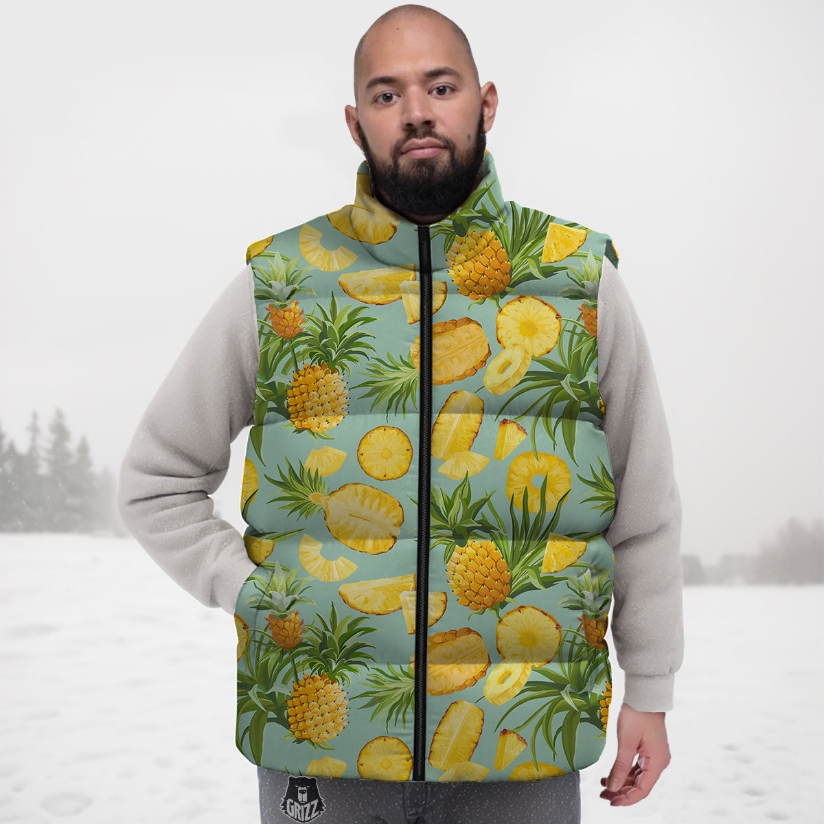 Pineapple Watercolor Print Pattern Down Vest-grizzshop