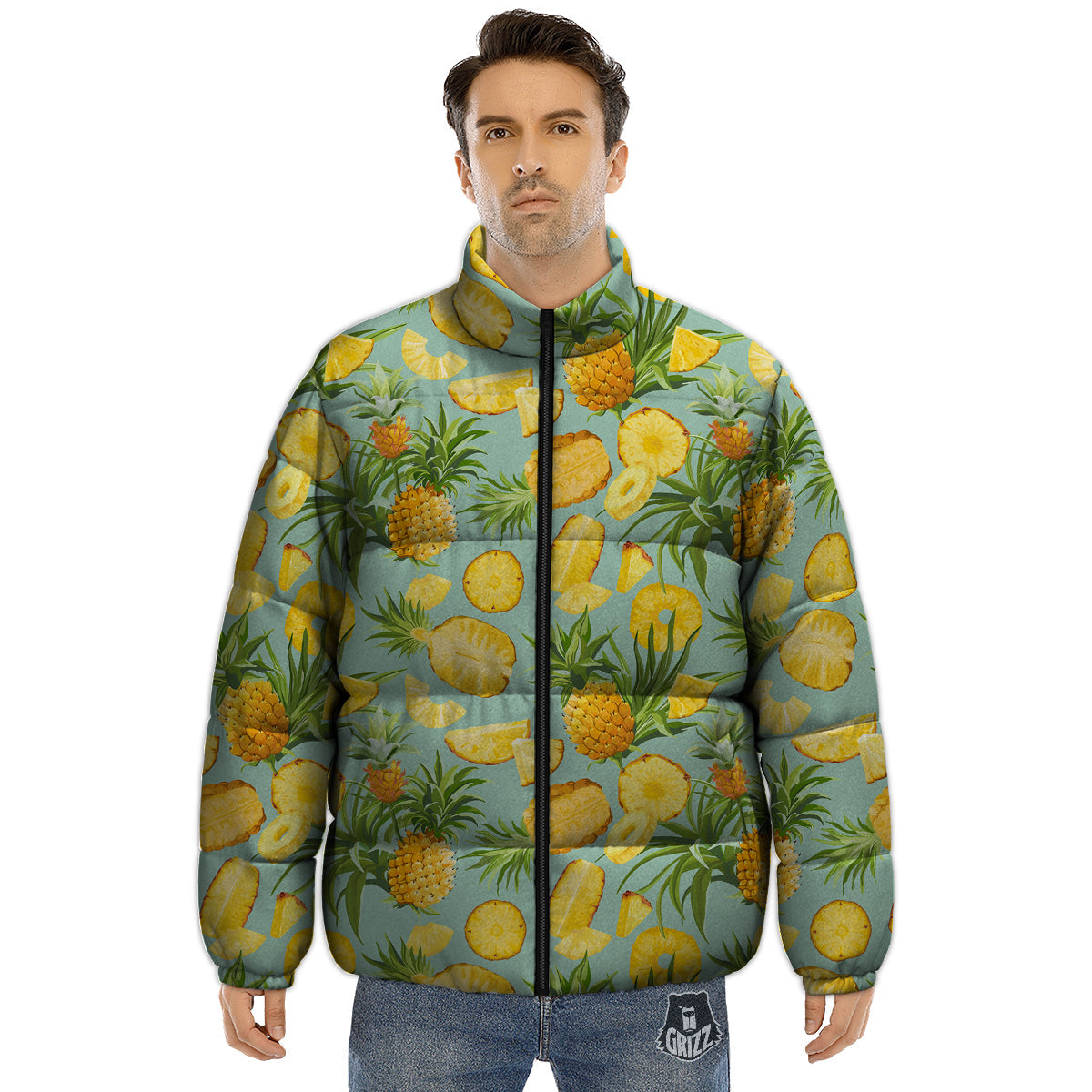 Pineapple Watercolor Print Pattern Puffer Jacket-grizzshop