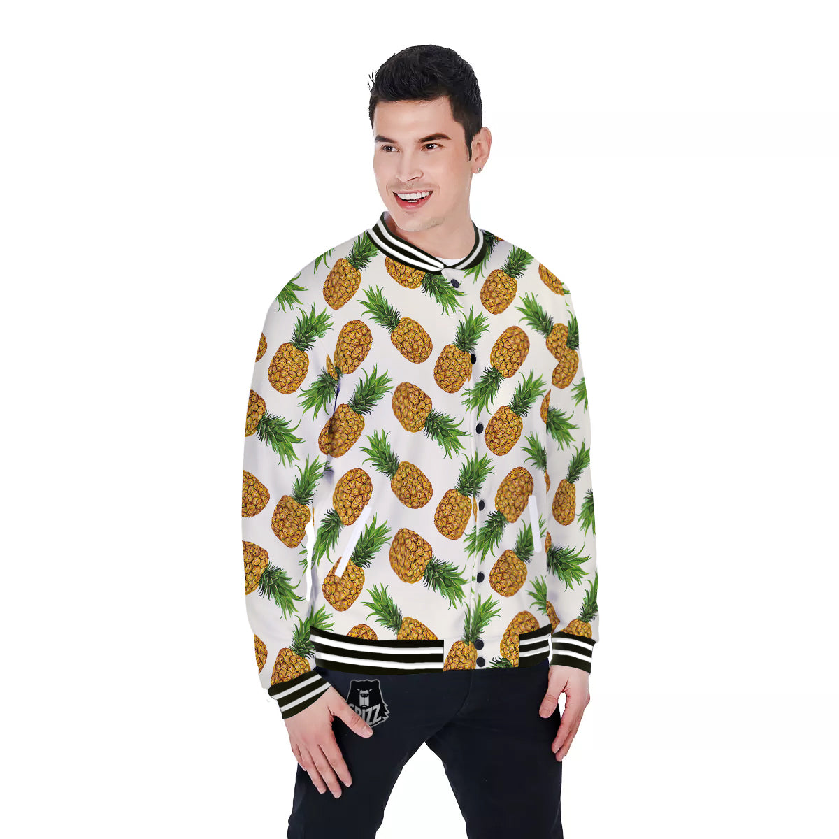 Pineapple White Print Pattern Baseball Jacket-grizzshop