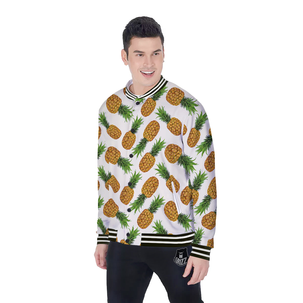 Pineapple White Print Pattern Baseball Jacket-grizzshop