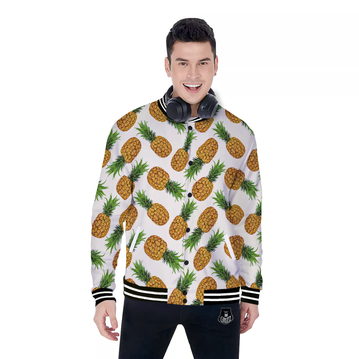 Pineapple White Print Pattern Baseball Jacket-grizzshop