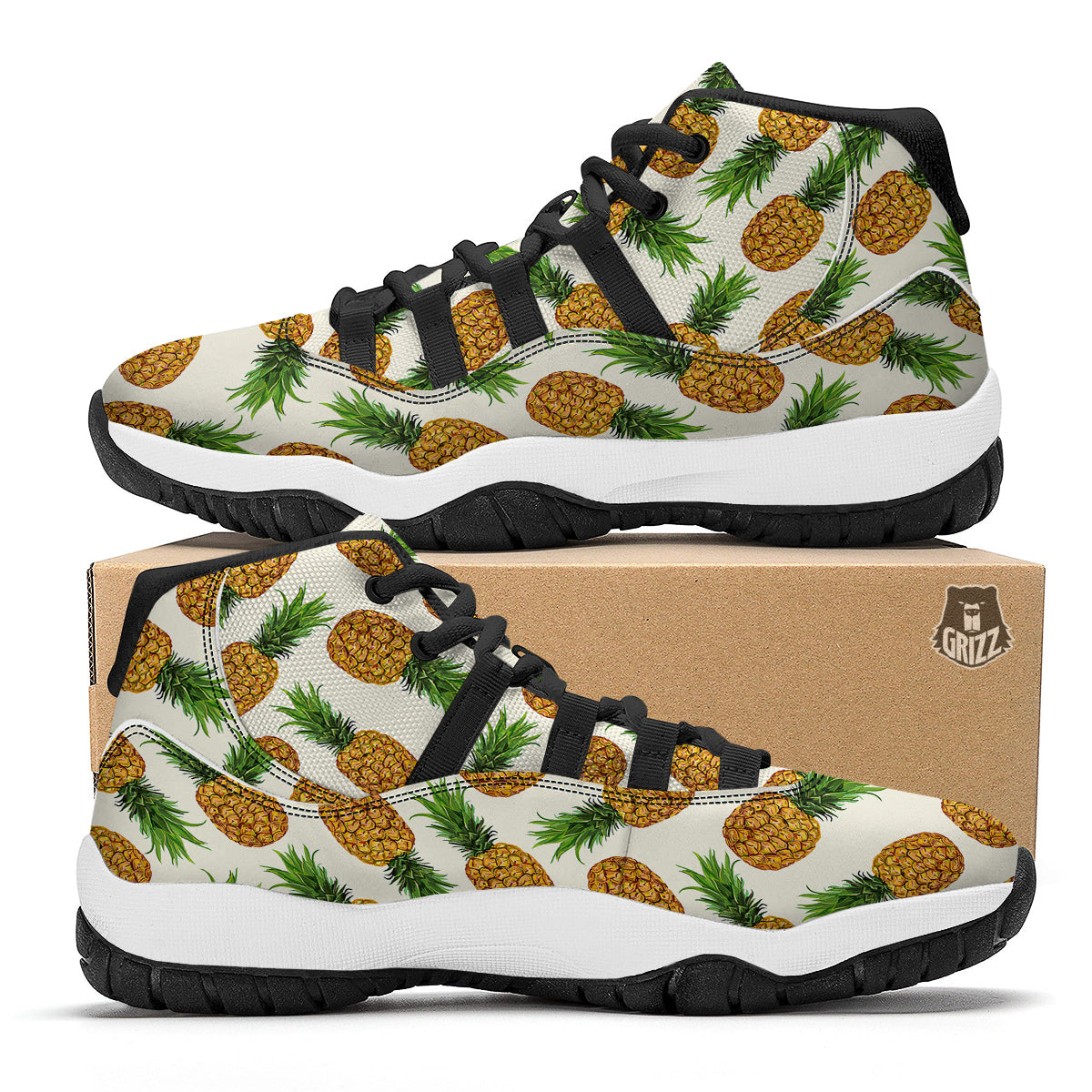 Pineapple White Print Pattern Black Bball Shoes-grizzshop