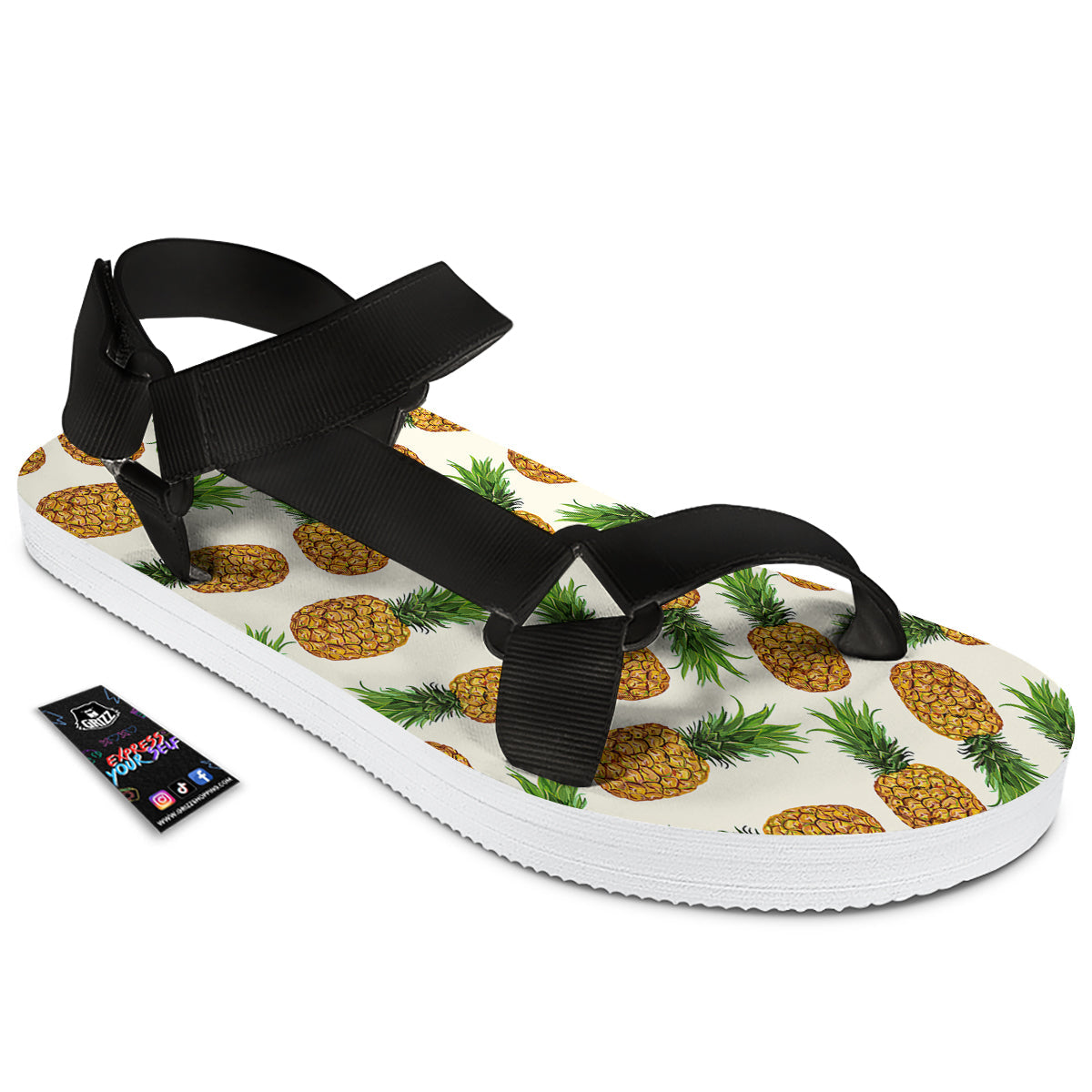 Pineapple White Print Pattern Black Open Toe Sandals-grizzshop