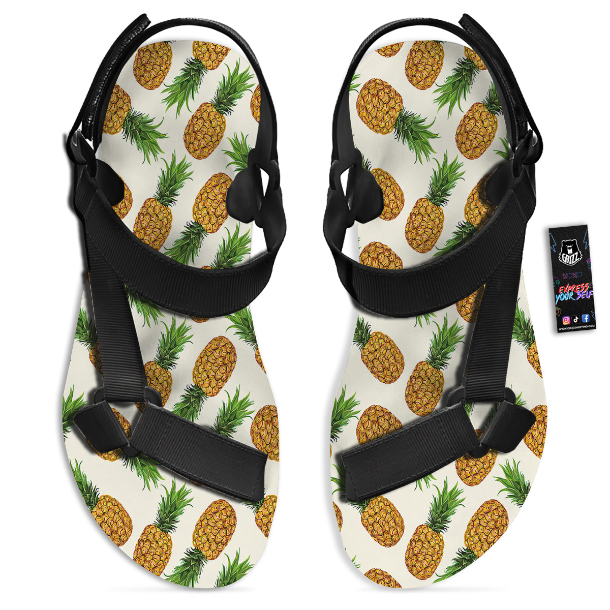 Pineapple White Print Pattern Black Open Toe Sandals-grizzshop
