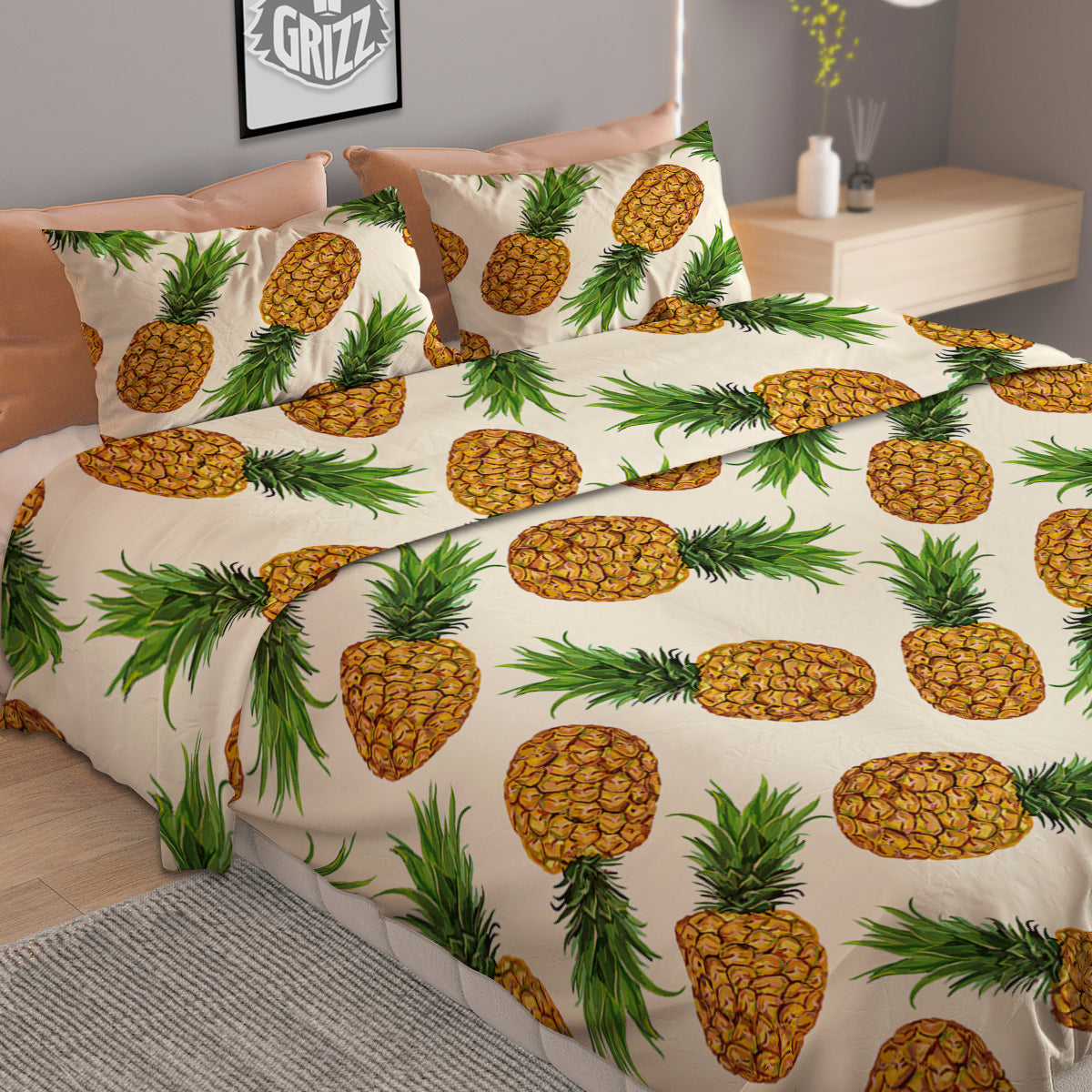 Pineapple White Print Pattern Duvet Cover Bedding Set-grizzshop