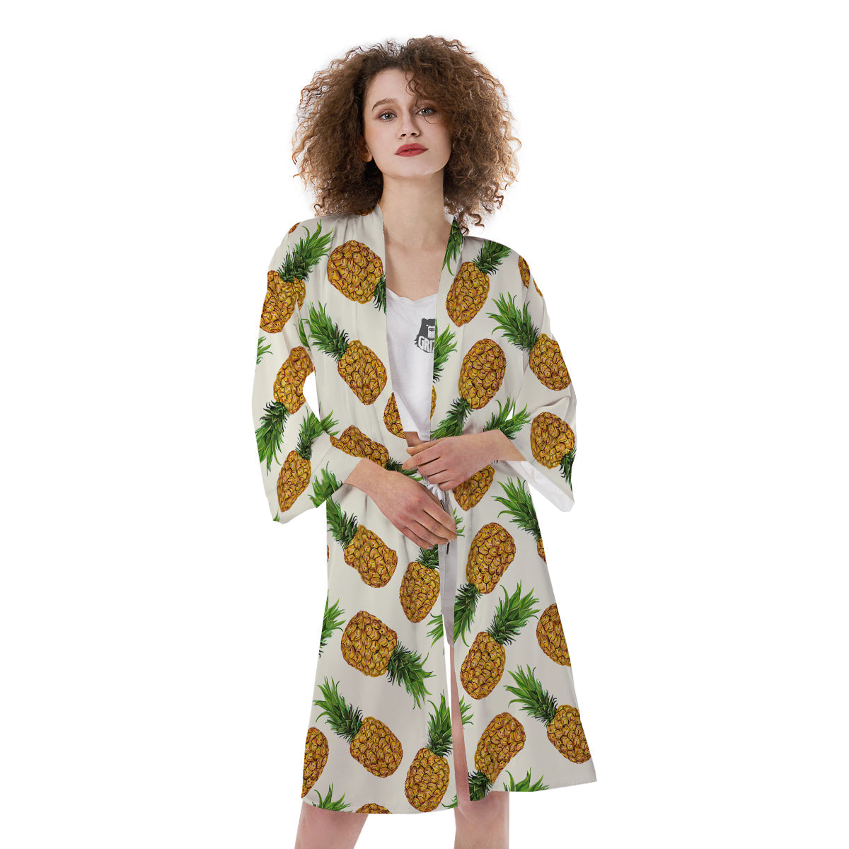 Pineapple White Print Pattern Kimono-grizzshop