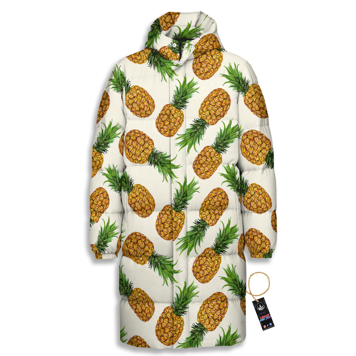 Pineapple White Print Pattern Long Down Jacket-grizzshop