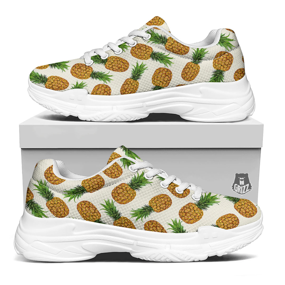 Pineapple White Print Pattern White Chunky Shoes-grizzshop
