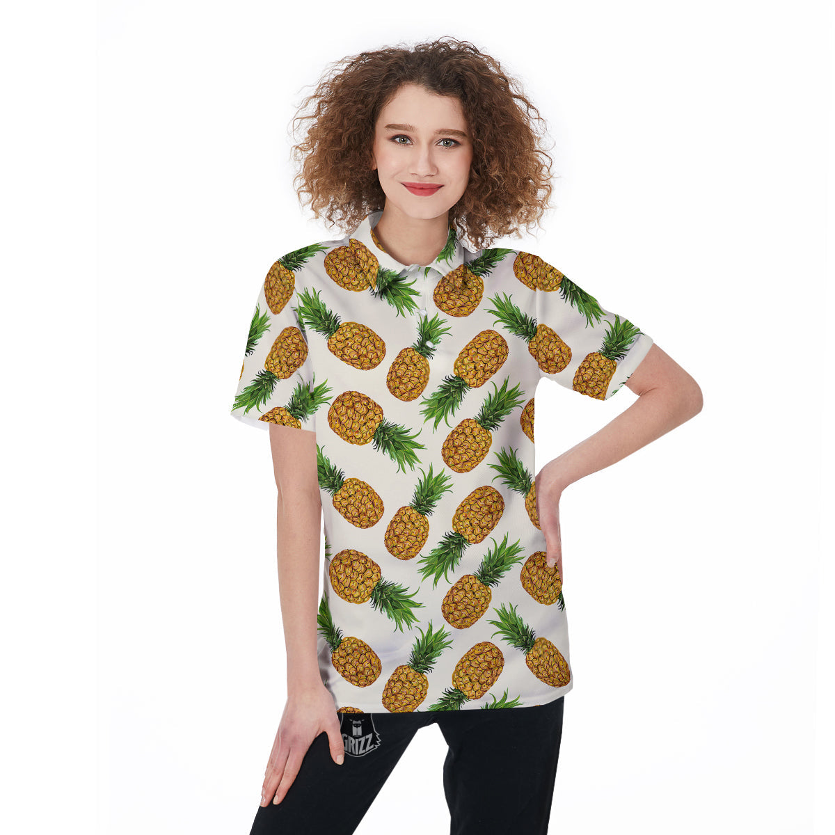 Pineapple White Print Pattern Women's Golf Shirts-grizzshop