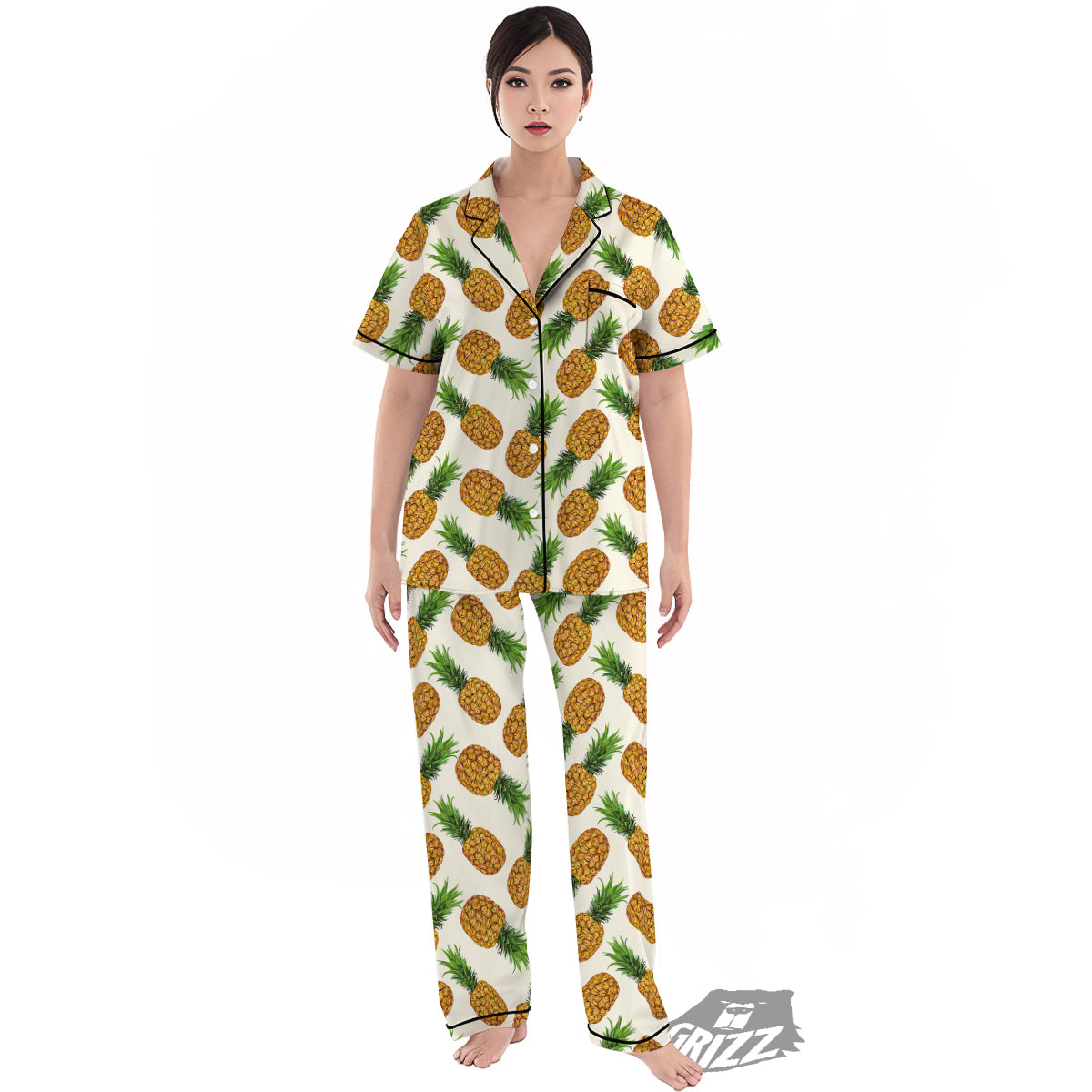 Pineapple White Print Pattern Women's Pajamas Set-grizzshop