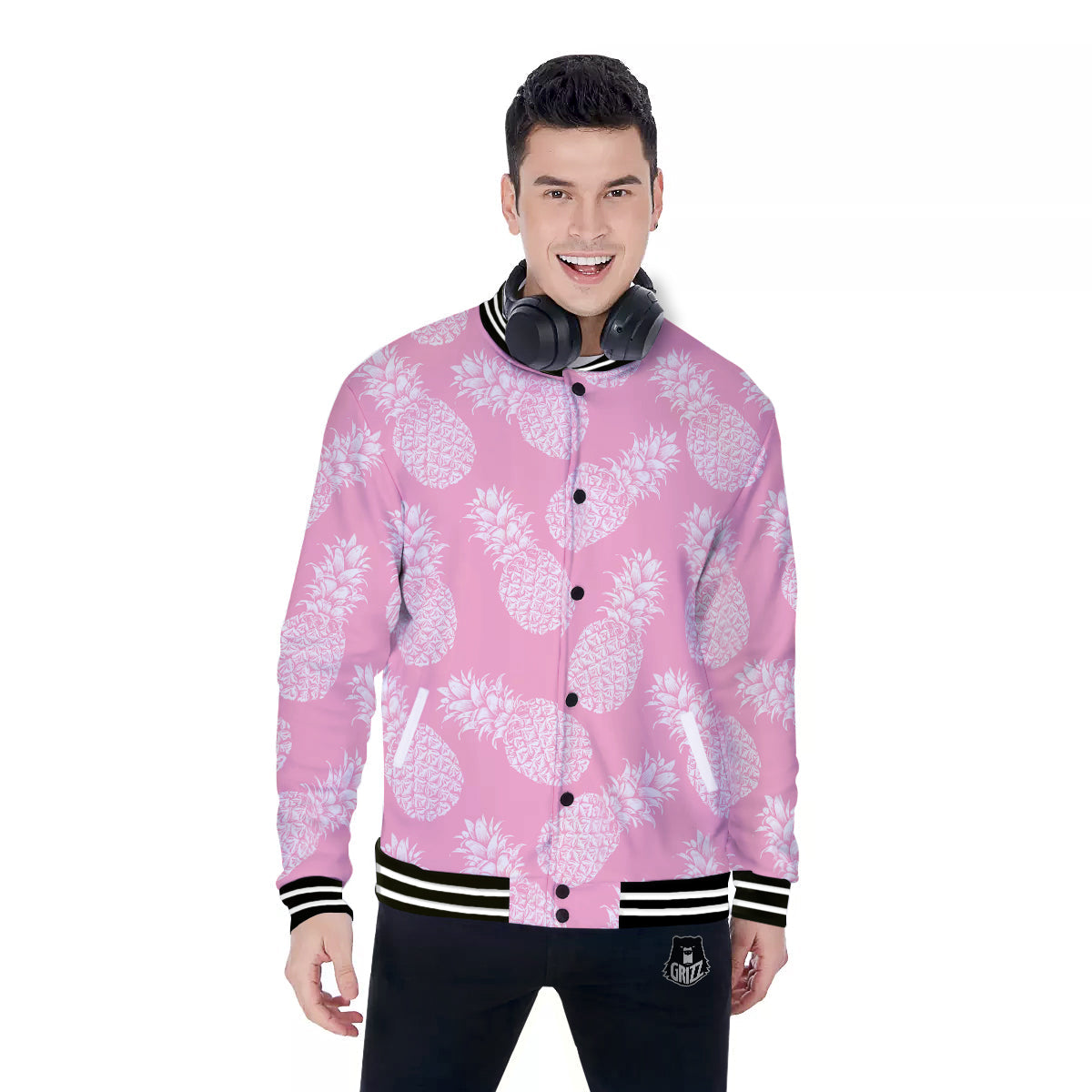 Pineapple White Summer Pink Print Pattern Baseball Jacket-grizzshop