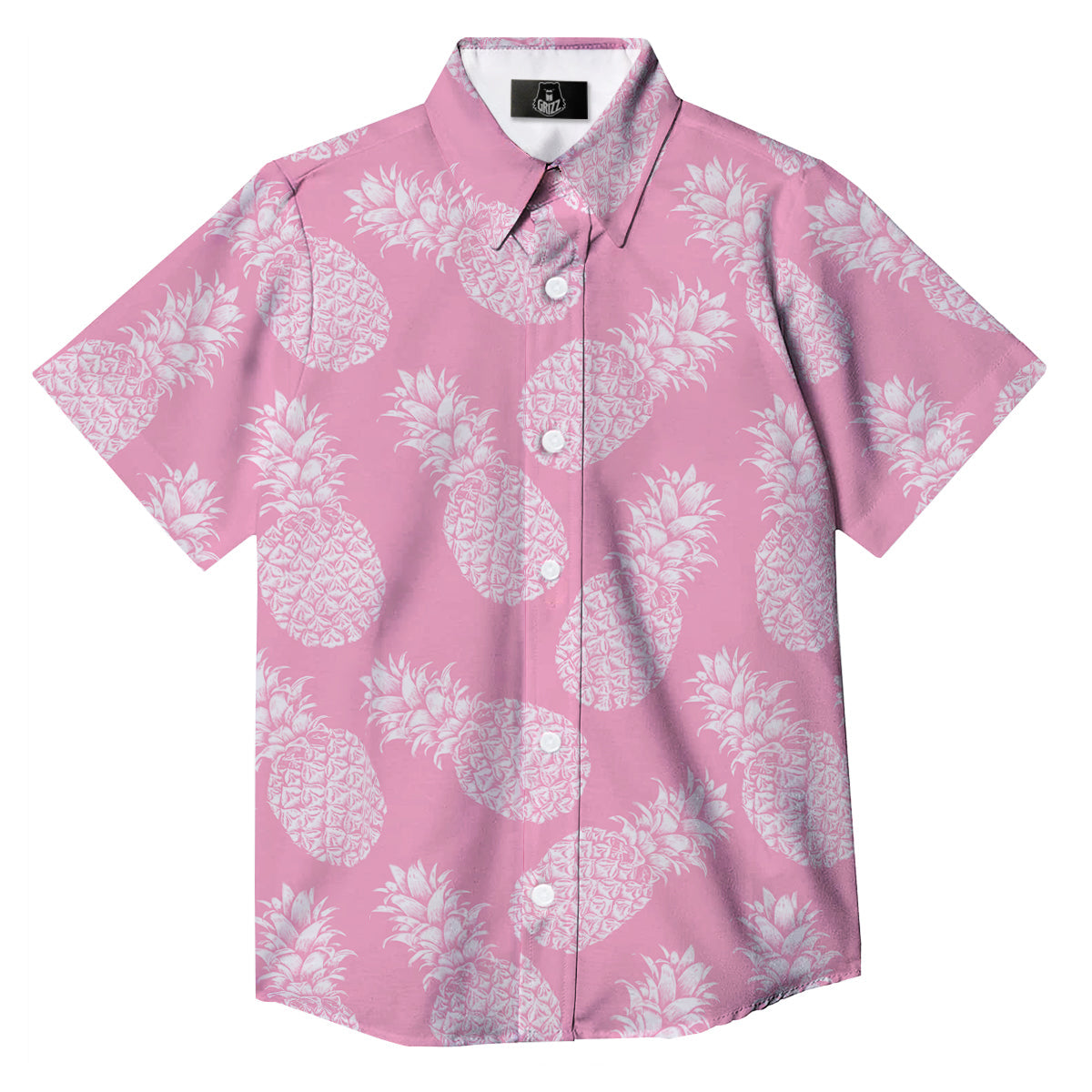 Pineapple White Summer Pink Print Pattern Button Up Shirt-grizzshop