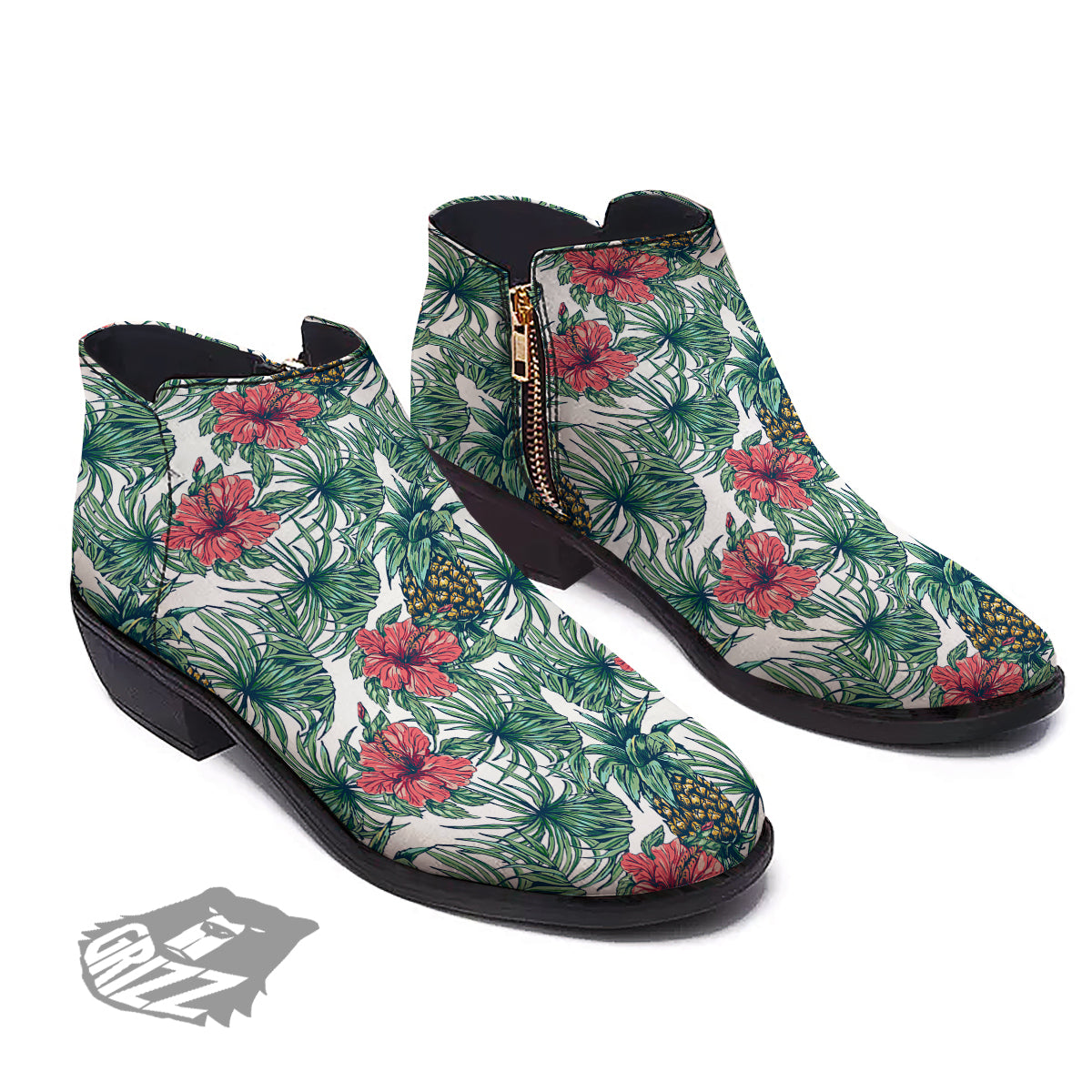 Pineapple White Tropical Print Pattern Ankle Boots-grizzshop