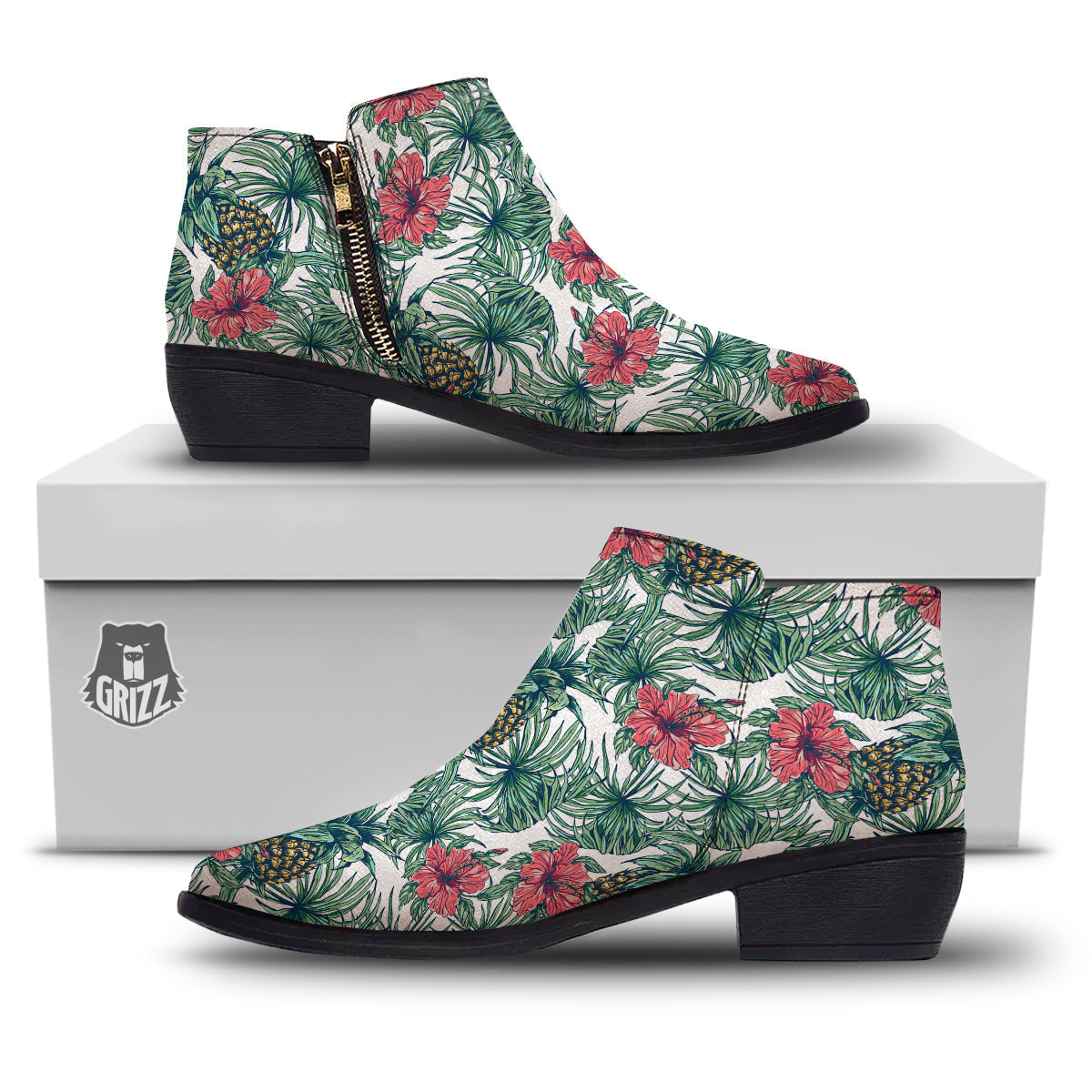 Pineapple White Tropical Print Pattern Ankle Boots-grizzshop