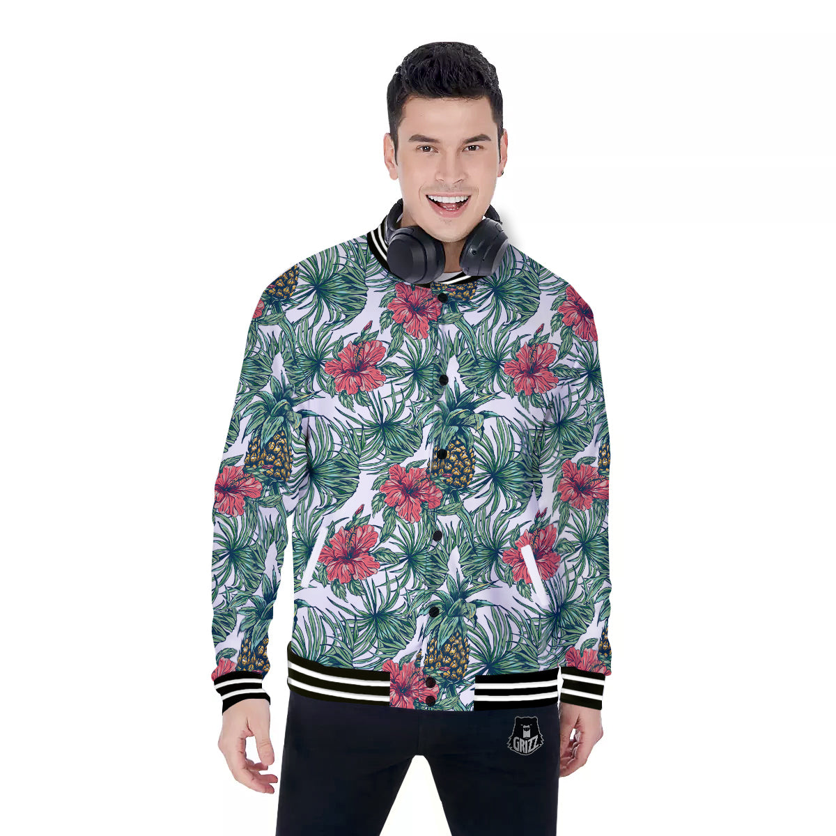 Pineapple White Tropical Print Pattern Baseball Jacket-grizzshop