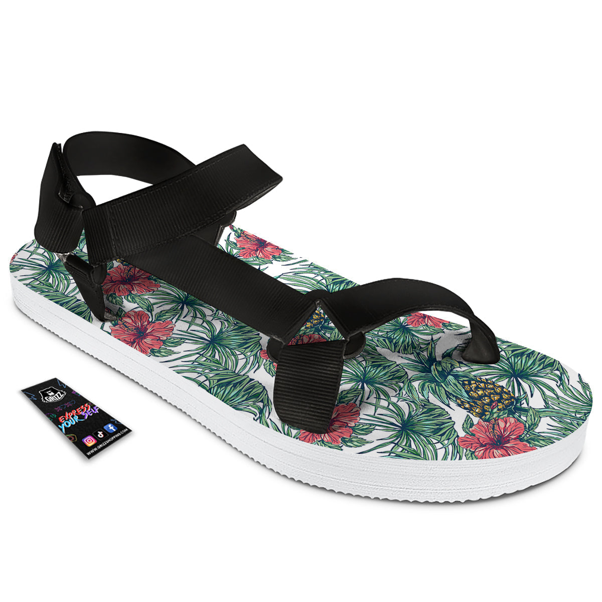 Pineapple White Tropical Print Pattern Black Open Toe Sandals-grizzshop