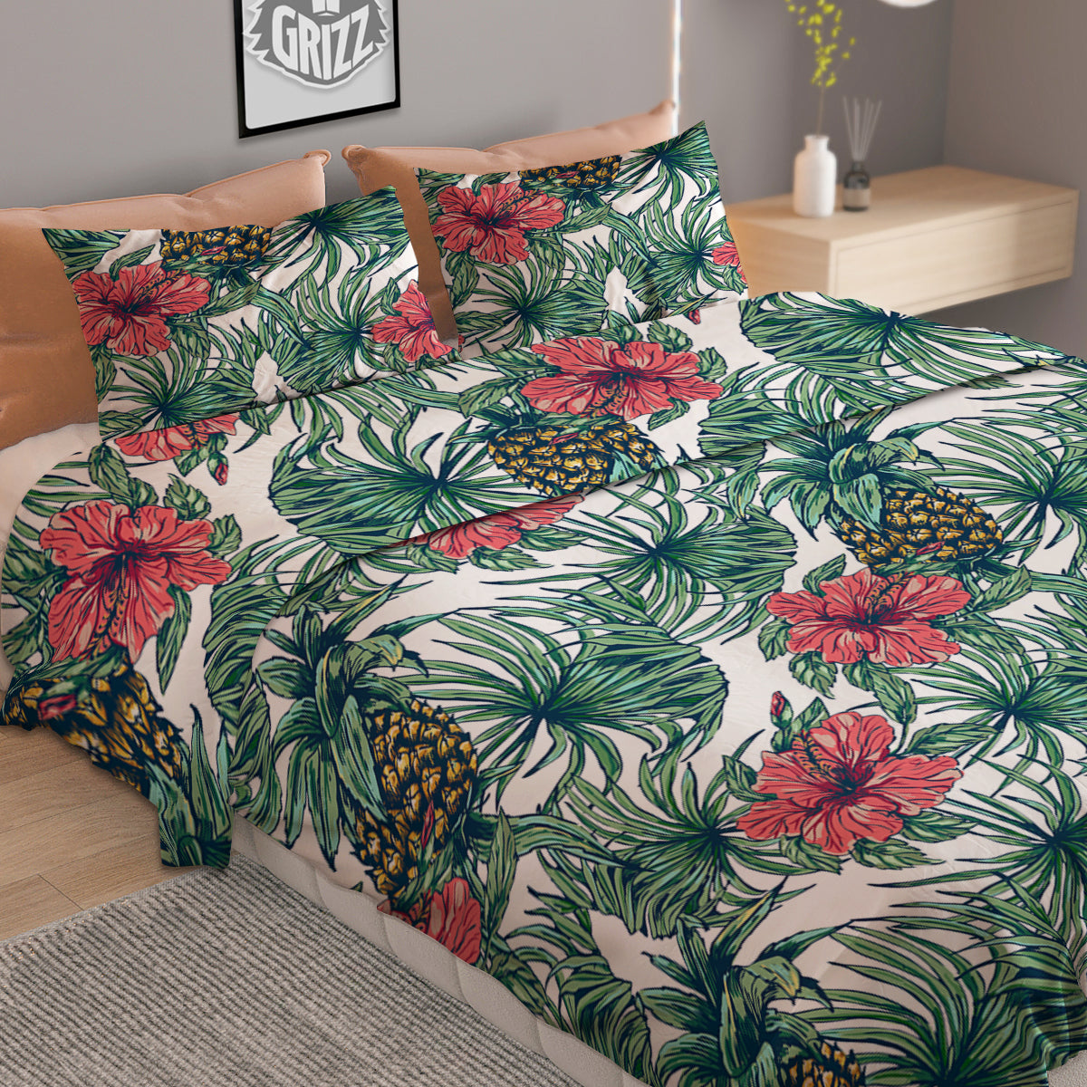 Pineapple White Tropical Print Pattern Duvet Cover Bedding Set-grizzshop