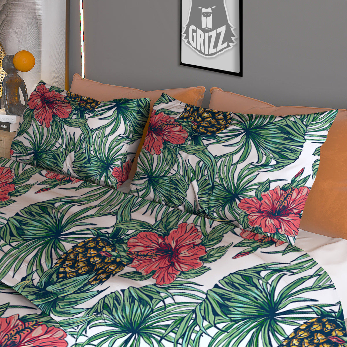 Pineapple White Tropical Print Pattern Duvet Cover Bedding Set-grizzshop