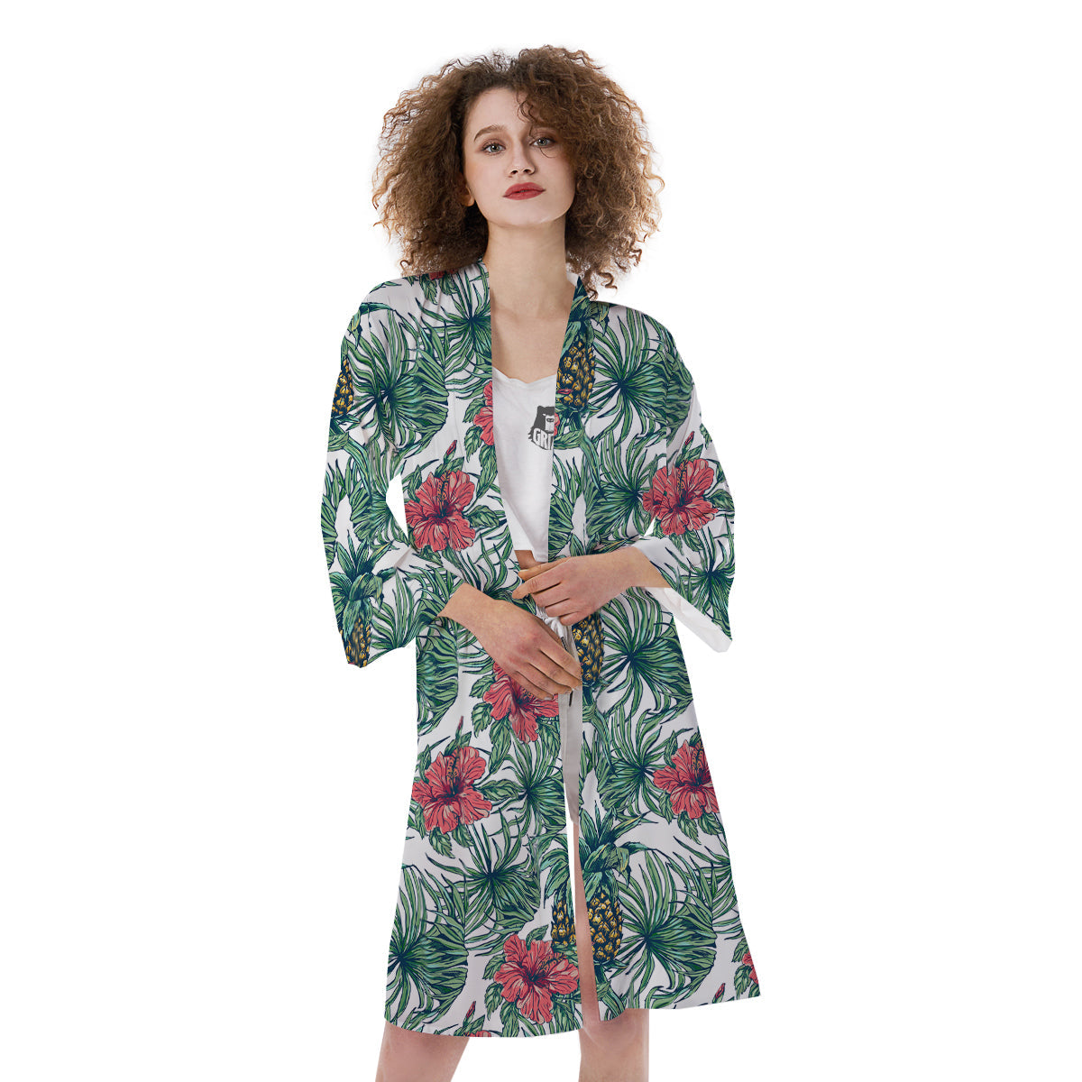 Pineapple White Tropical Print Pattern Kimono-grizzshop