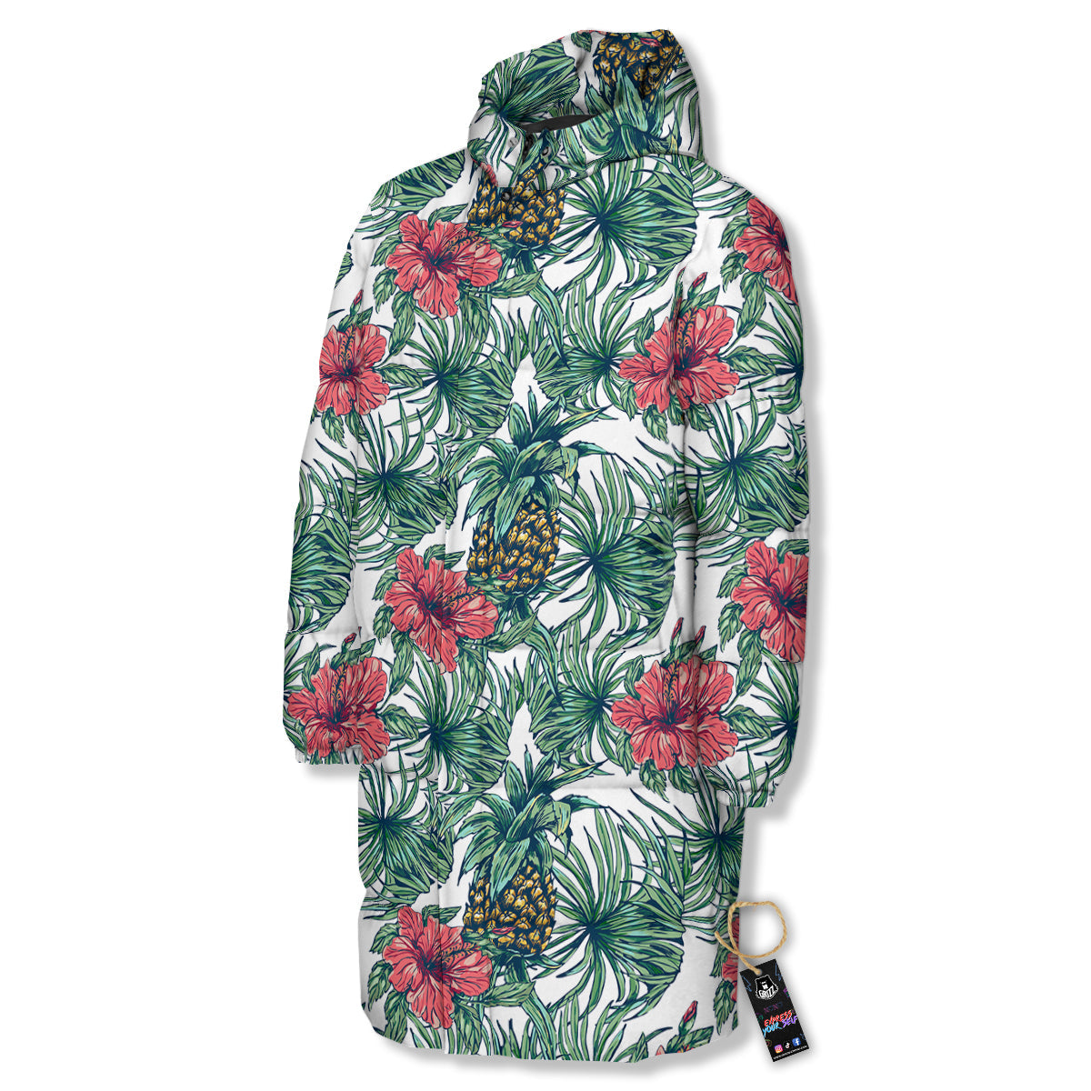 Pineapple White Tropical Print Pattern Long Down Jacket-grizzshop