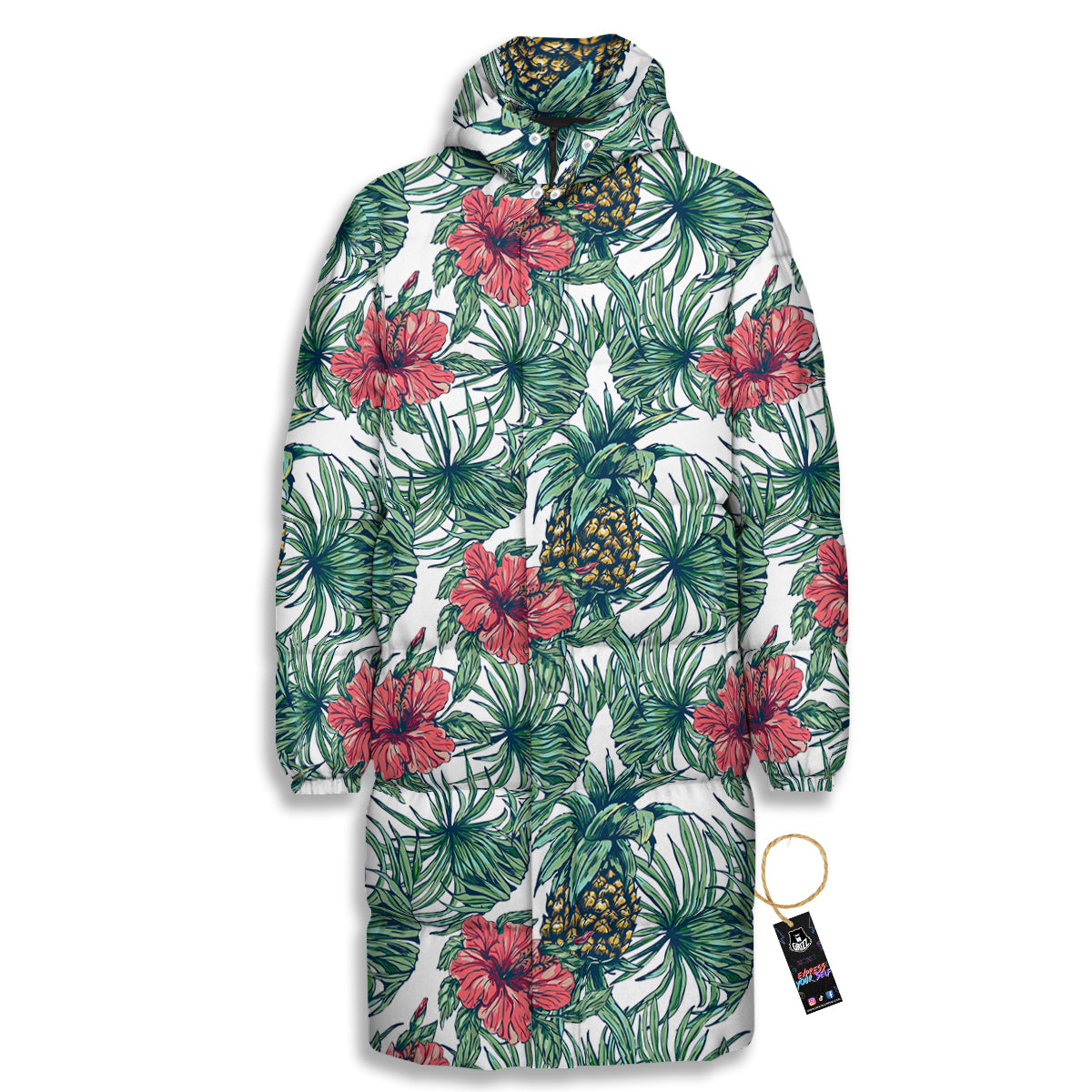Pineapple White Tropical Print Pattern Long Down Jacket-grizzshop