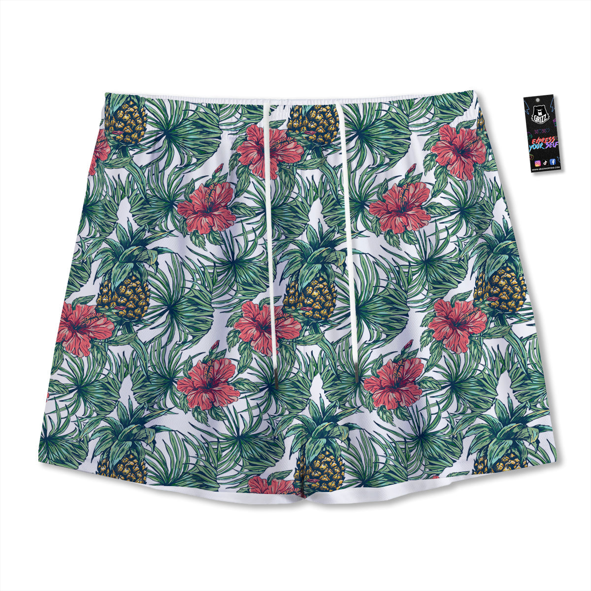 Pineapple White Tropical Print Pattern Mesh Shorts-grizzshop